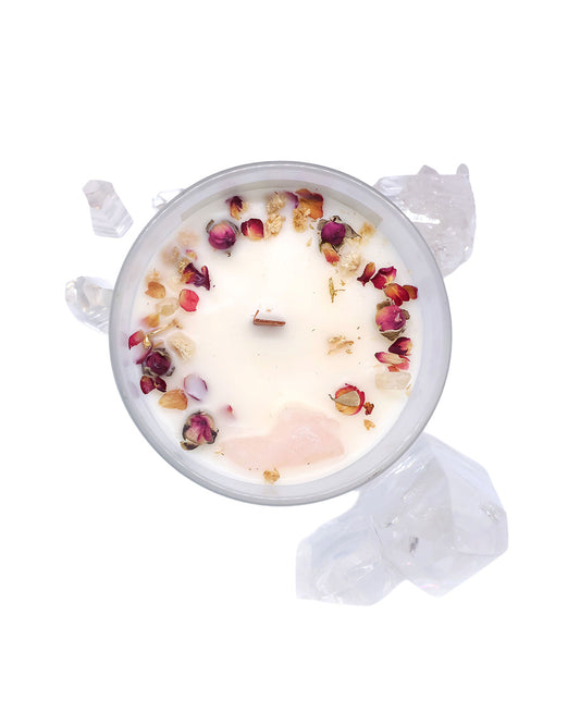 Gratitud – Cuarzo Rosa,  Cuarzo Cristal y rosas