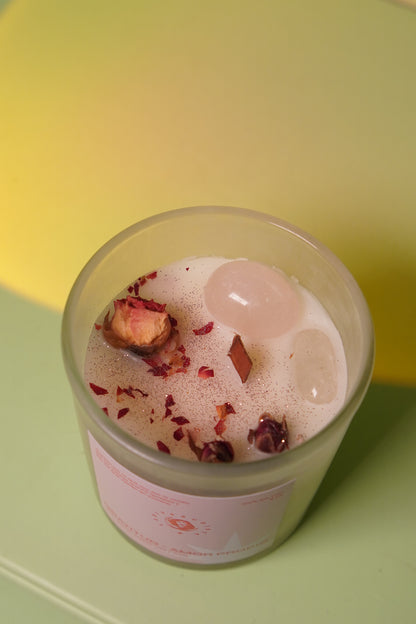 Gratitud – Cuarzo Rosa,  Cuarzo Cristal y rosas