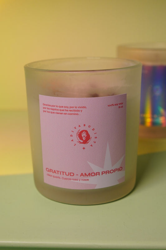 Gratitud – Cuarzo Rosa,  Cuarzo Cristal y rosas
